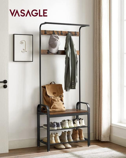 Hall Tree with Shoe Bench and Coat Rack, 4-in-1 Entryway Organizer with Hooks and Hanging Rod, Rustic Brown/Black