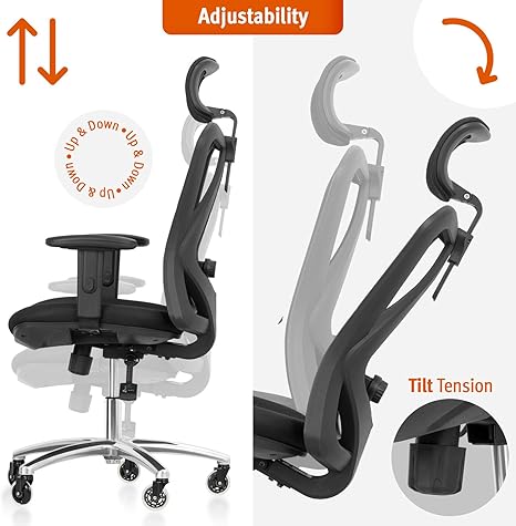 Ergonomic Office Chair with Lumbar Support, Mesh High Back, Adjustable Head & Arm Rests, Reclining Desk Chair