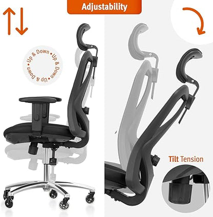 Ergonomic Office Chair with Lumbar Support, Mesh High Back, Adjustable Head & Arm Rests, Reclining Desk Chair