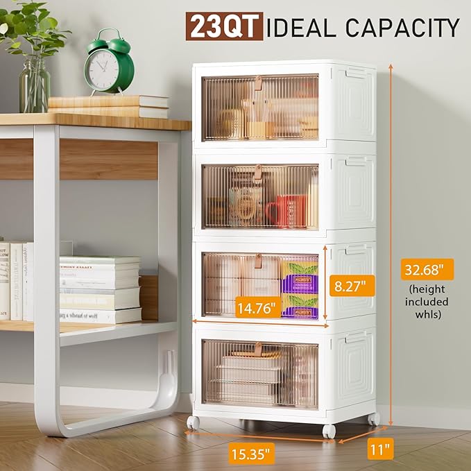 Stackable 4-Tier Storage Bins with Lids and Wheels, Foldable Plastic Containers for Home & Office