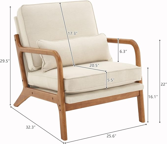 Mid-Century Modern Accent Chair with Pillow, Linen Upholstered Armchair with Solid Wood Frame – Beige