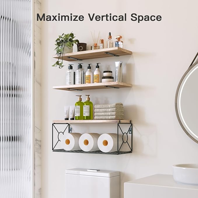 Over Toilet Bathroom Shelf with Storage Basket, Floating Wall Shelves for Home, Kitchen, Living Room – Natural Wood
