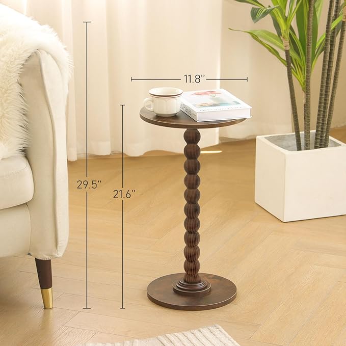 Round Side Table with Wood Legs – Small Accent Nightstand for Living Room, Bedroom, or Office (Rustic Brown)