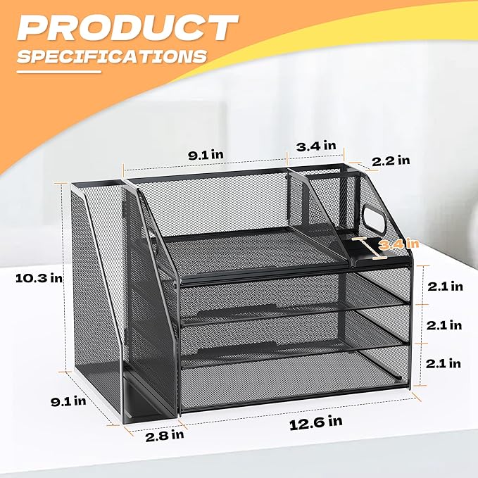 4-Tier Mesh Paper Tray File Organizer with Handle and Pen Holder – Black