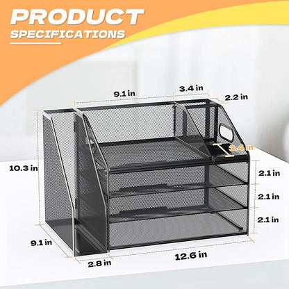 4-Tier Mesh Paper Tray File Organizer with Handle and Pen Holder – Black