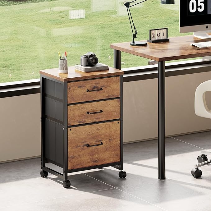 3-Drawer Mobile Fabric File Cabinet with Wheels – A4/Letter Size, Rustic Brown