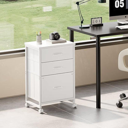 3-Drawer Mobile Fabric File Cabinet with Wheels – A4/Letter Size, White