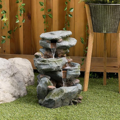 3-Tier Rock Waterfall Fountain with LED Lights – 22" Outdoor Garden & Patio Decor, Gray
