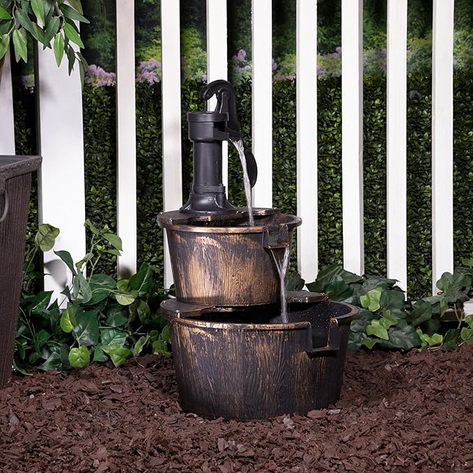 Outdoor Rustic 2-Tier Barrel Water Fountain with Pump, Bronze Finish, 27"