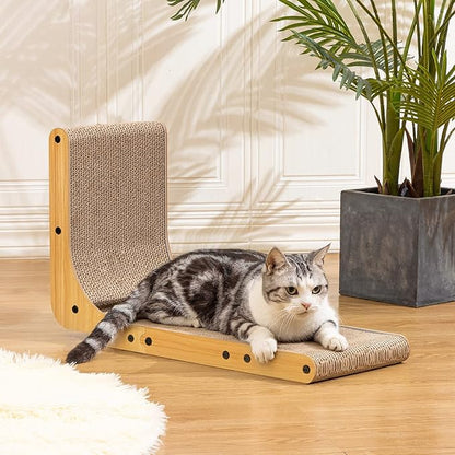 L-Shaped Cat Scratcher, 26.8" Cardboard Scratching Pad with Ball Toy & Catnip, Furniture Protector for Indoor Cats, Large