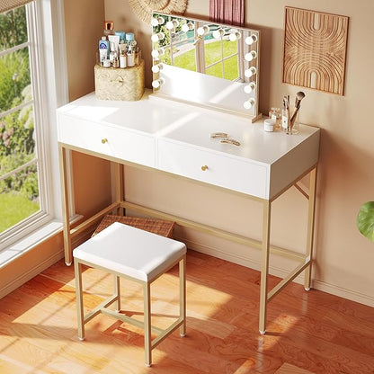 35.4" White and Gold Desk with 2 Drawers and Stool, Modern Vanity or Small Computer Desk