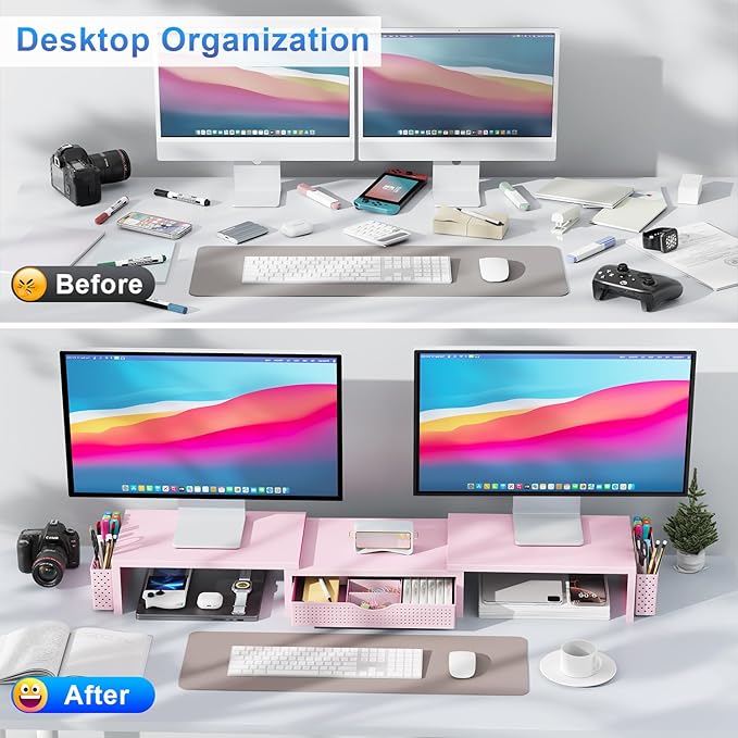 Dual Monitor Stand Riser with Drawer and Pen Holders, Pink Desk Organizer