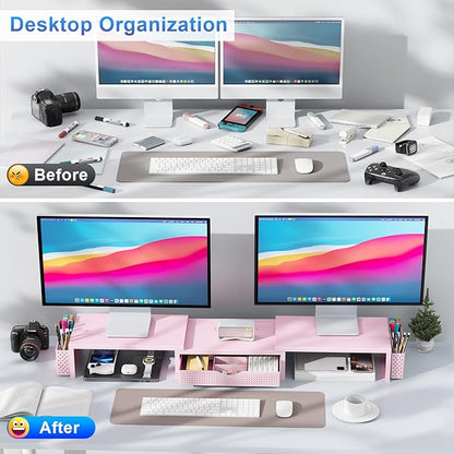 Dual Monitor Stand Riser with Drawer and Pen Holders, Pink Desk Organizer