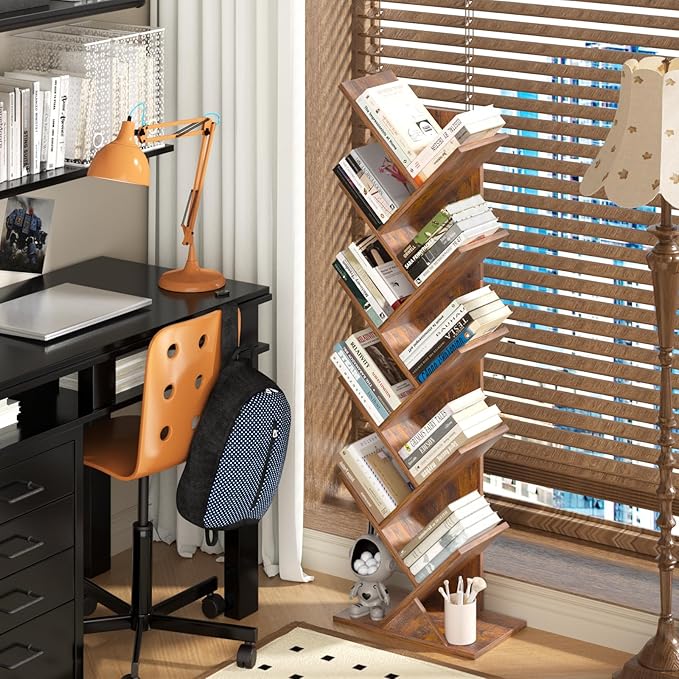 10-Tier Tree Bookshelf – Narrow Space Floor Standing Bookcase & Storage Organizer, Brown