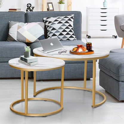 Nesting Coffee Table Set of 2, Round Marble Pattern with Gold Frame for Living Room & Bedroom