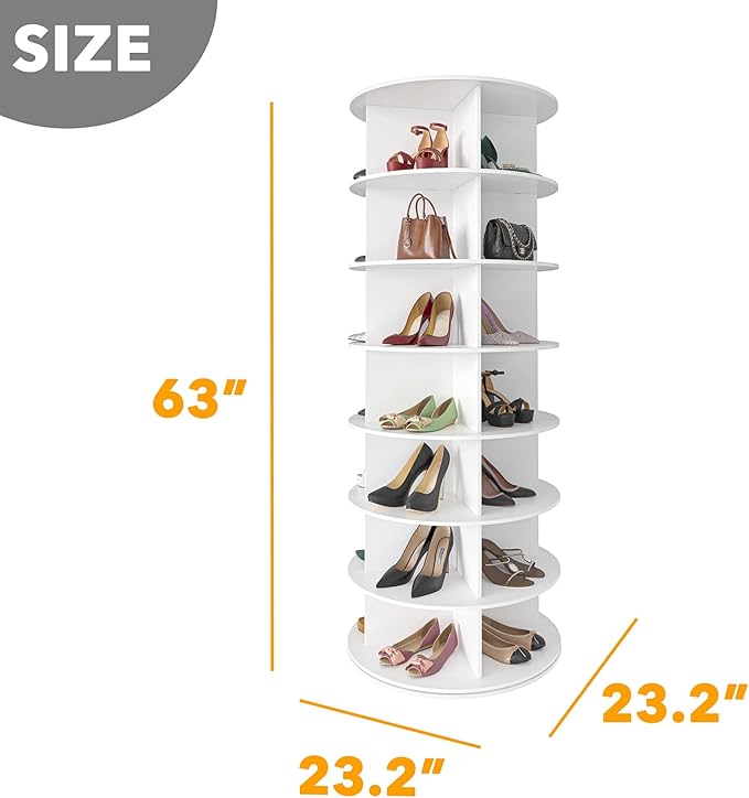 7-Tier Rotating Shoe Rack Tower, 360° Spinning Shoe Organizer Carousel for Closet Storage, White