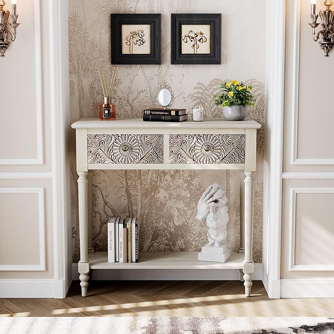 Narrow Console Table with 2 Drawers and Shelf, Entryway or Sofa Table, Light Grey