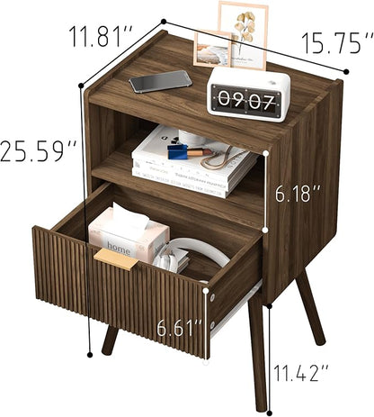 Modern Nightstand with Drawer and Open Shelf, Bedside Table for Bedroom, Living Room, or Small Spaces, Walnut Brown