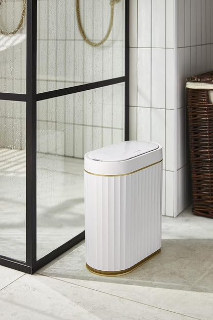 Automatic Motion Sensor Trash Can, 2 Gallon Slim Slimline Bin for Bathroom, Bedroom, Kitchen, Office – White with Gold Trim