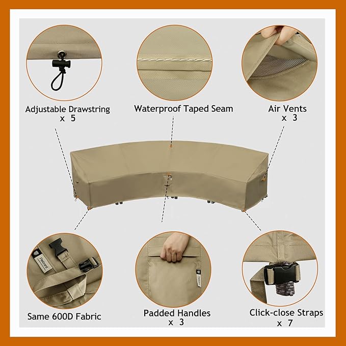 Curved Patio Furniture Cover, Waterproof 600D Sectional Sofa Protector, 190"(128") Half-Moon Outdoor Couch Cover