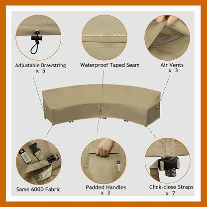 Curved Patio Furniture Cover, Waterproof 600D Sectional Sofa Protector, 190"(128") Half-Moon Outdoor Couch Cover