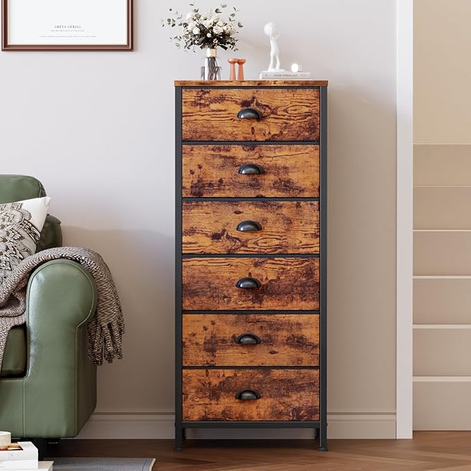 Tall Dresser with 6 Drawers, Fabric Storage Organizer for Bedroom, Living Room, Closet, Entryway (Rustic Brown)