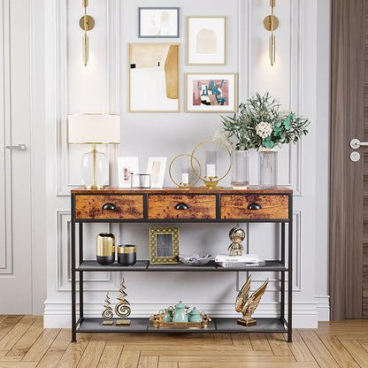 Console Table with 3 Drawers and Storage Shelves, Rustic Brown Entryway Table for Living Room or Hallway