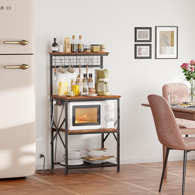 Kitchen Bakers Rack with Power Outlet, 4-Tier Microwave Stand with Storage, Coffee Bar Table with Hooks – Rustic Brown