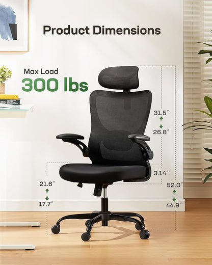 Ergonomic Office Chair with High Back, Mesh, Adjustable Lumbar Support, 3D Armrests, Headrest, and Swivel Wheels