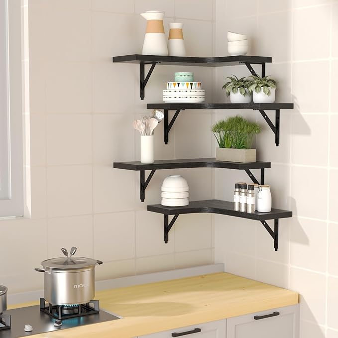 Corner Floating Shelves Set of 4 – Rustic Wood Wall Storage & Display (Black)