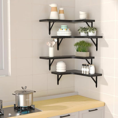 Corner Floating Shelves Set of 4 – Rustic Wood Wall Storage & Display (Black)