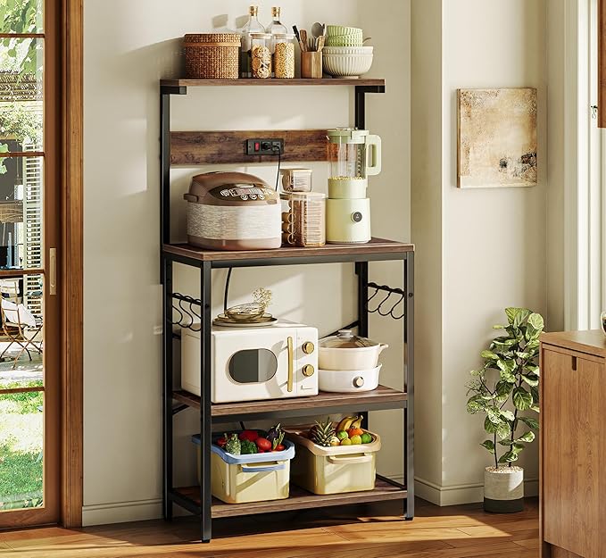 ChatGPT said:  Kitchen Baker’s Rack with Power Outlet – 4-Tier Coffee Bar & Microwave Stand with Hooks, Rustic Brown