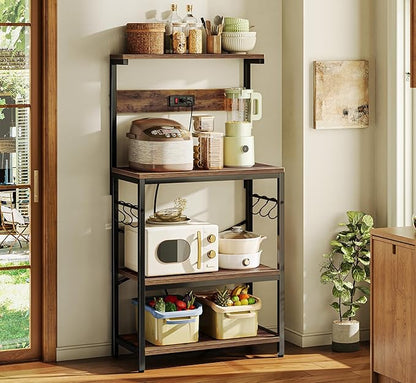 ChatGPT said:  Kitchen Baker’s Rack with Power Outlet – 4-Tier Coffee Bar & Microwave Stand with Hooks, Rustic Brown
