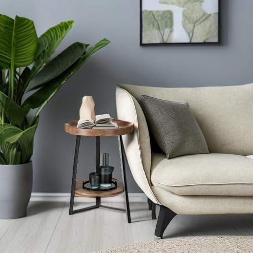 Round End Table with Storage Shelf – 2-Tier Farmhouse Side Table for Living Room & Bedroom, Brown