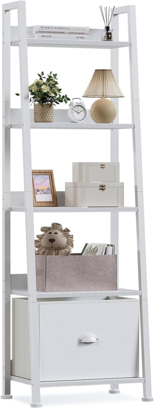 5-Tier Ladder Shelf with Drawer, Tall Narrow Bookshelf Storage Rack for Living Room, Bedroom, Home Office – White