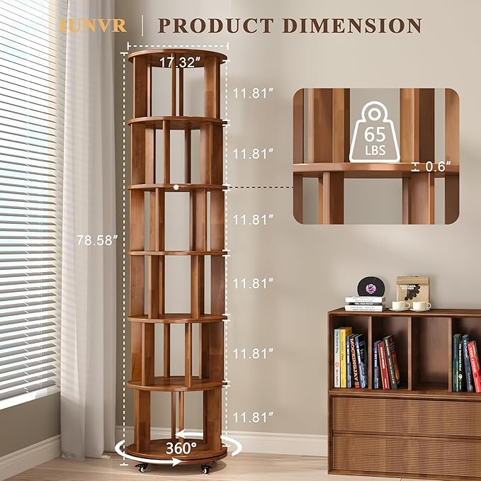 6-Tier Rotating Bookshelf with Wheels, Space-Saving Wooden Bookcase Tower