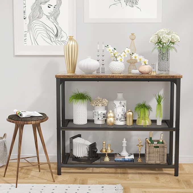 32" Industrial Console Table with Double Mesh Shelves for Entryway & Living Room