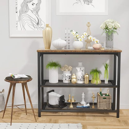 32" Industrial Console Table with Double Mesh Shelves for Entryway & Living Room