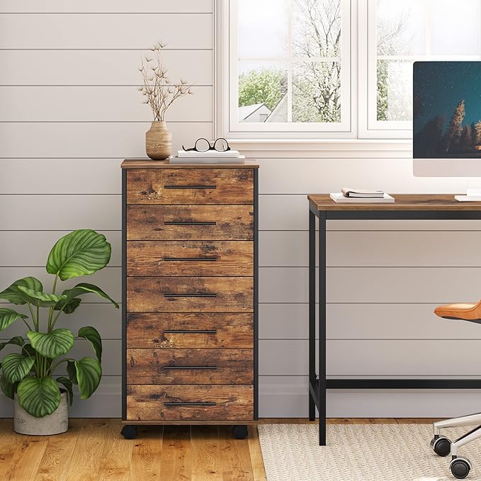 7-Drawer Wooden File Cabinet with Mobile Storage – Rustic Brown & Black