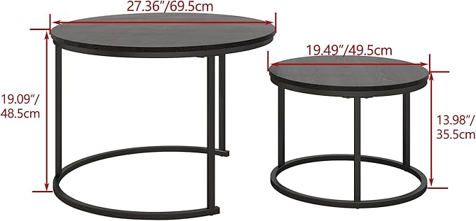 Round Nesting Coffee Table Set of 2 – Living Room End Tables with Metal Frame, Black
