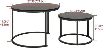 Round Nesting Coffee Table Set of 2 – Living Room End Tables with Metal Frame, Black
