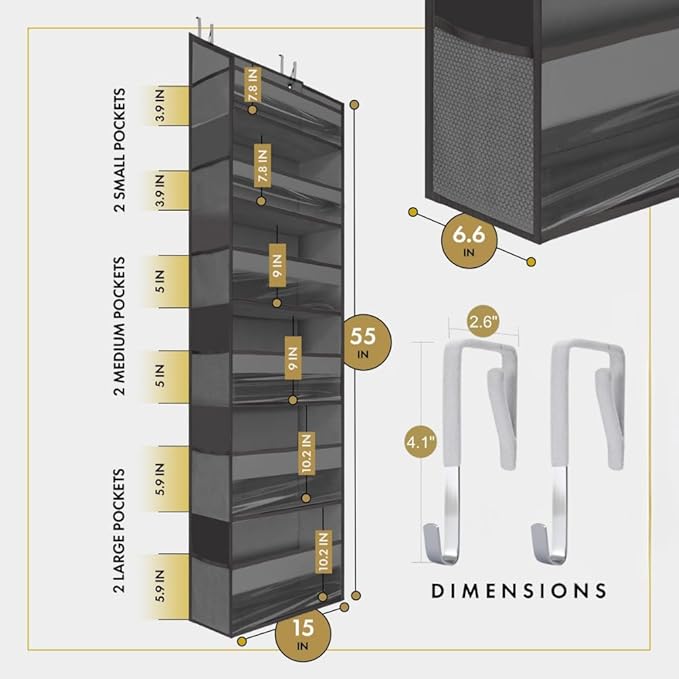 Over the Door Organizer, 2-Pack Hanging Storage with 6 Large Pockets & 12 Mesh Pockets, Closet Door Organizer for Bedroom, Bathroom, Nursery – Dark Gray