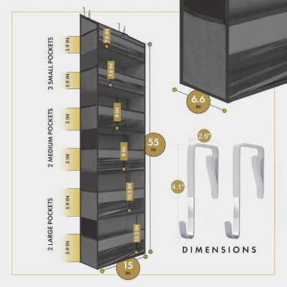 Over the Door Organizer, 2-Pack Hanging Storage with 6 Large Pockets & 12 Mesh Pockets, Closet Door Organizer for Bedroom, Bathroom, Nursery – Dark Gray