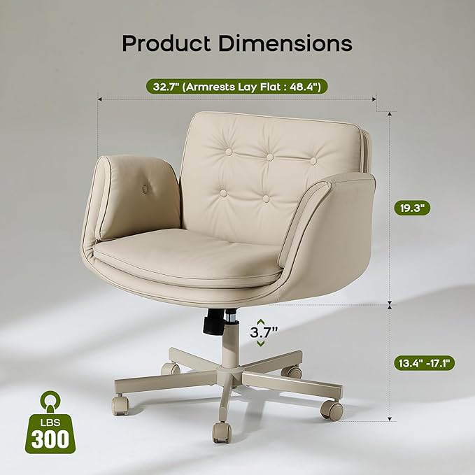 ChatGPT said:  Adjustable Swivel Desk Chair with Armrests & Wheels – PU Leather Vanity Office Chair, Cream White