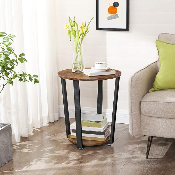 Round End Table with Storage Shelf, Rustic Brown and Black