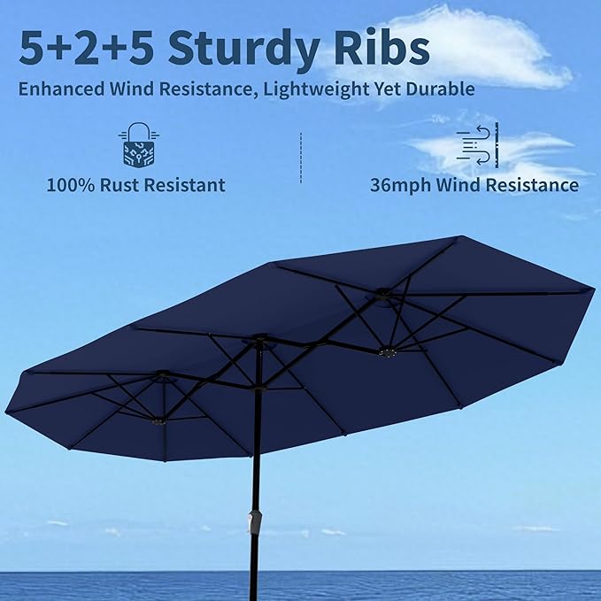 15FT Double-Sided Patio Umbrella with Base – Large Outdoor Market Canopy with Crank Handle, UV Resistant, Navy Blue