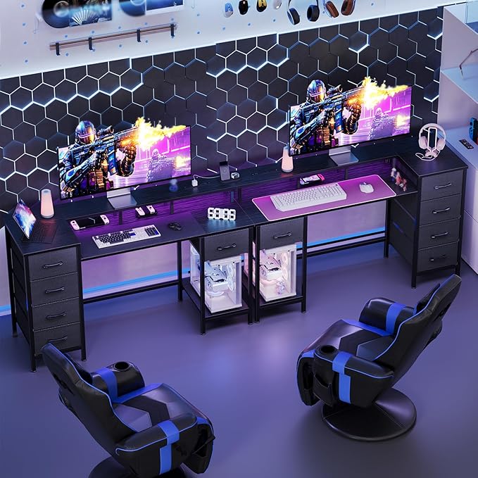 47" Gaming Desk with LED Lights, Power Outlets & 5 Fabric Storage Drawers