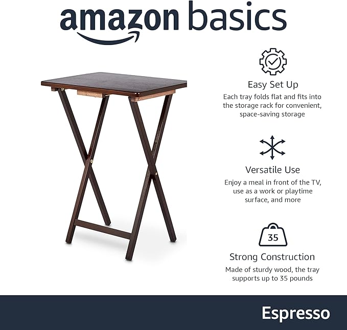 Foldable TV Tray Table Set with Storage Rack, 4-Pack – Espresso