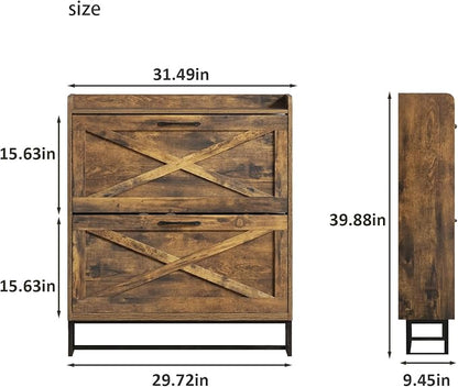 Freestanding Shoe Cabinet with 2 Flip Drawers and Metal Legs – Rustic Brown