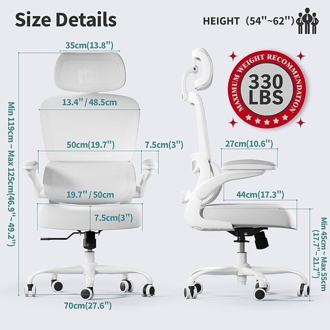 Ergonomic Mesh Office Chair with Wheels, High Back Desk Chair for Home or Gaming, 330 lbs Capacity – White